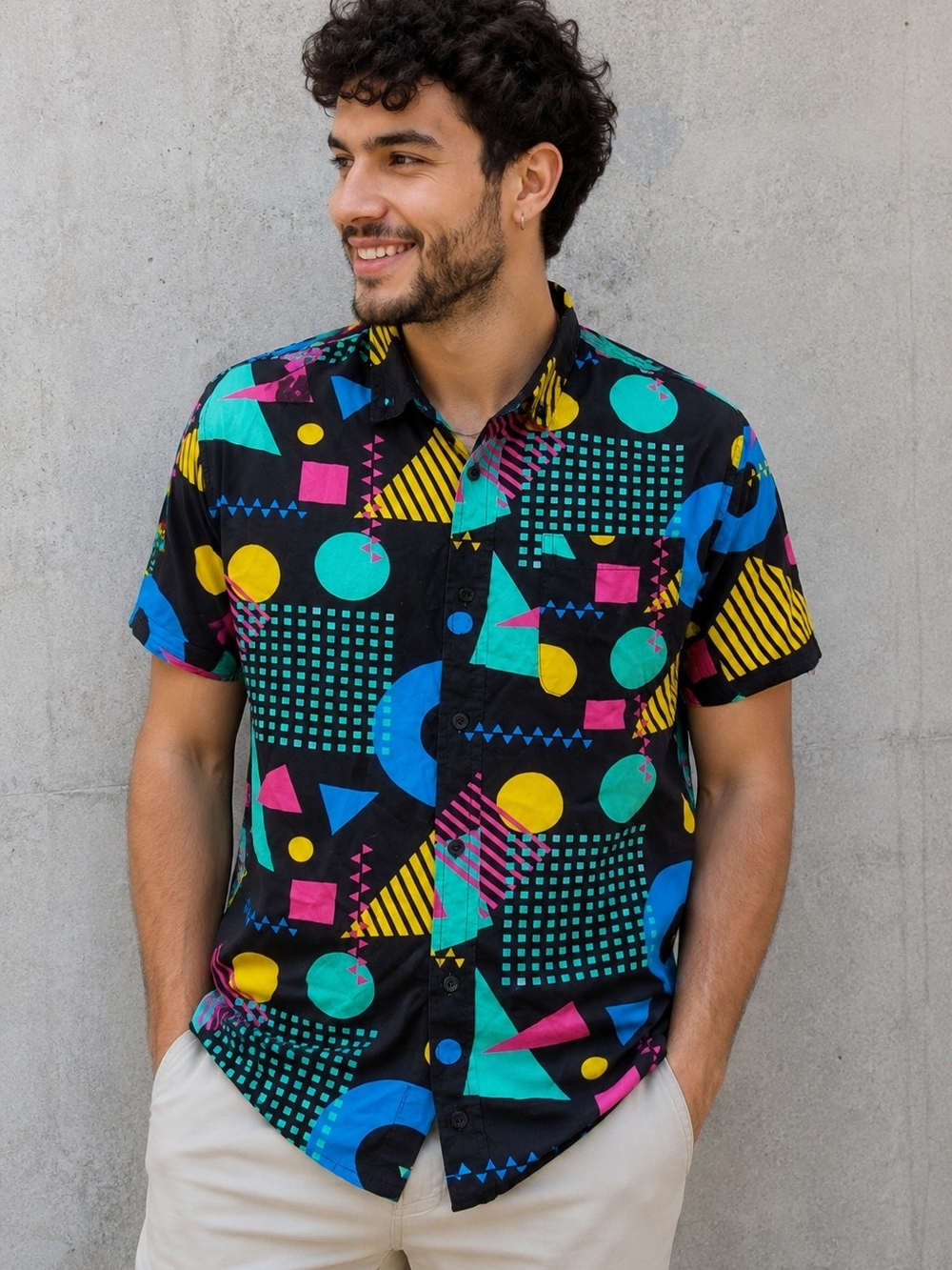 Men's Black Short-Sleeve Geo Print Button-Down Shirt